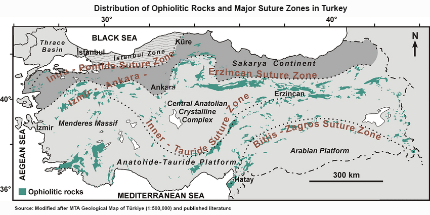 Distribution of Ophiolitic Rocks and Major Suture Zones in Turkey